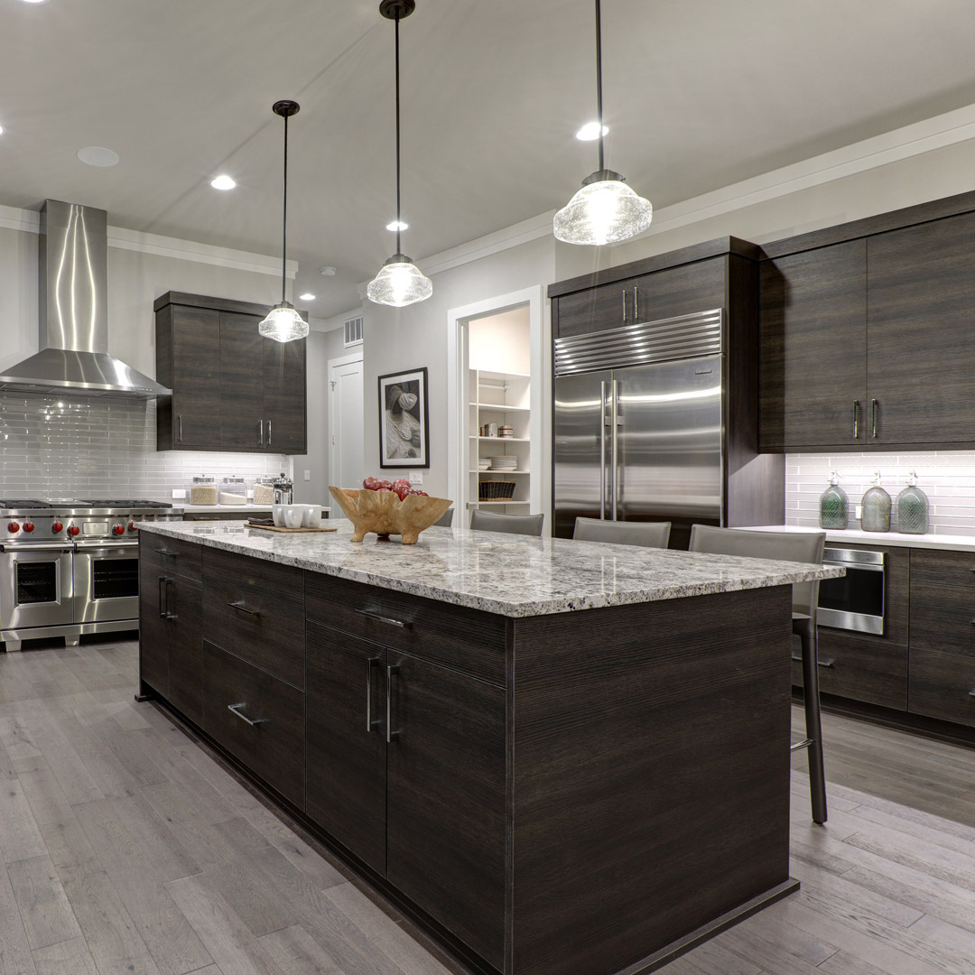 Kitchen with grey wooden flooring